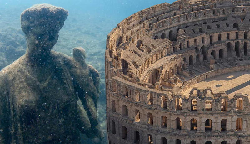 Underwater statue next to an ancient Roman amphitheater