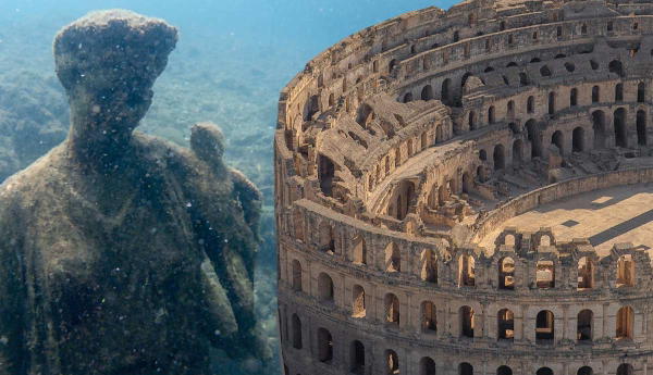 Underwater statue next to an ancient Roman amphitheater