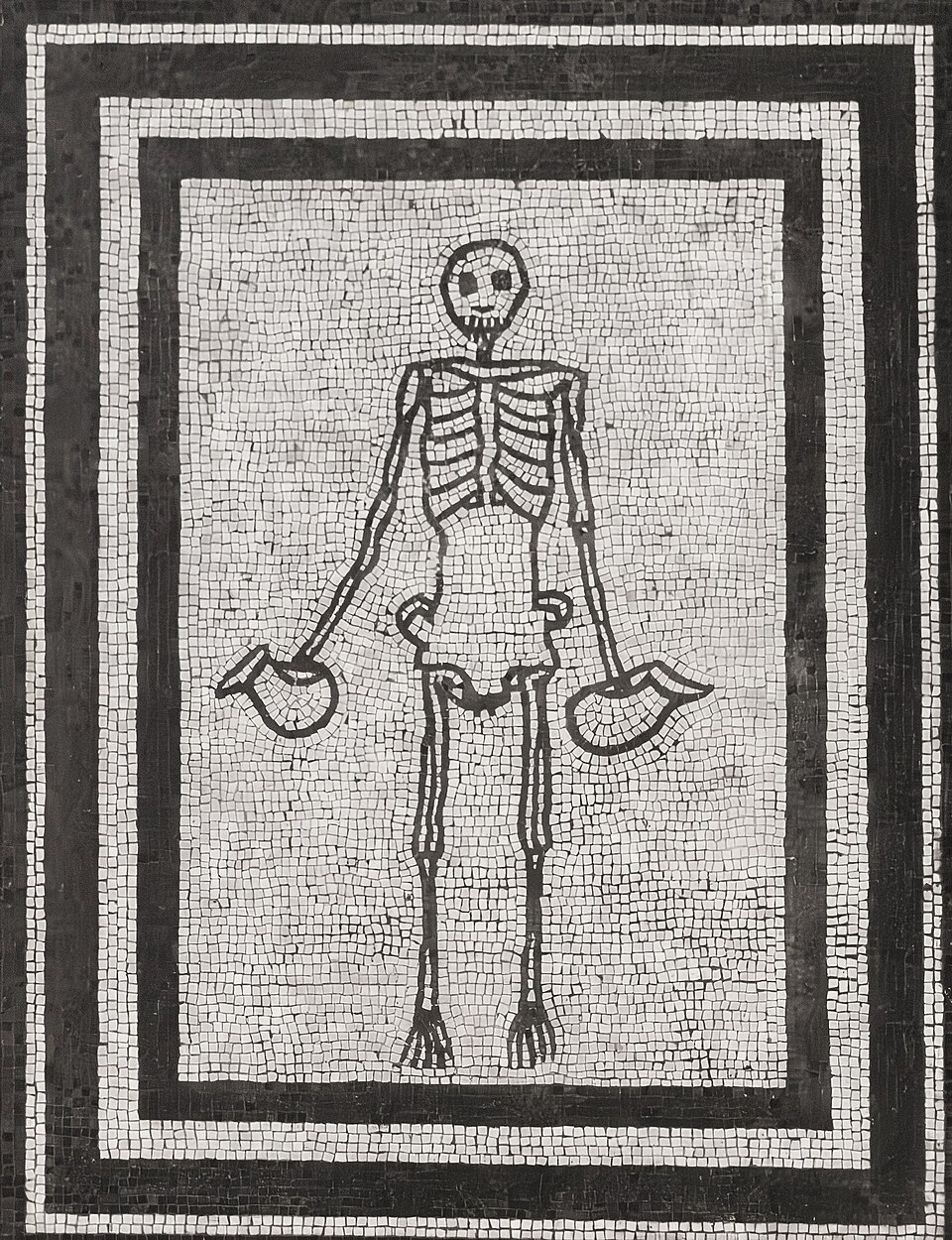 Mosaic of skeleton holding wine jugs, House of the Faun, Pompeii, c. 100 BC. Source: Naples National Archaeological Museum