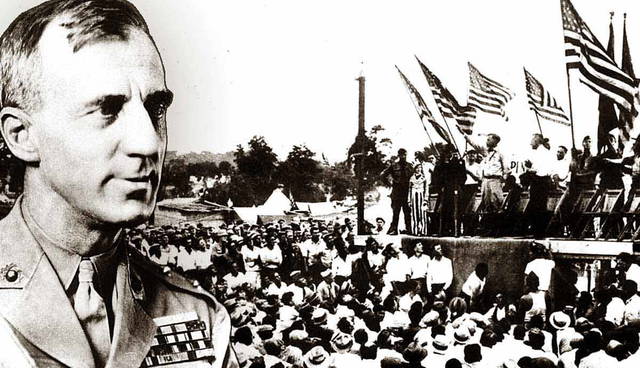 Smedley Butler superimposed over Bonus Army encampment rally.
