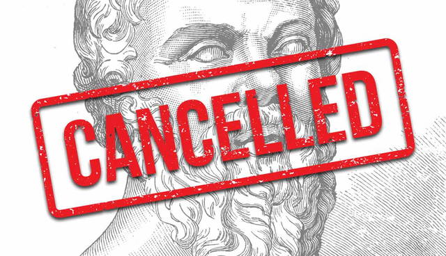 socrates bust with red "CANCELLED" stamp.