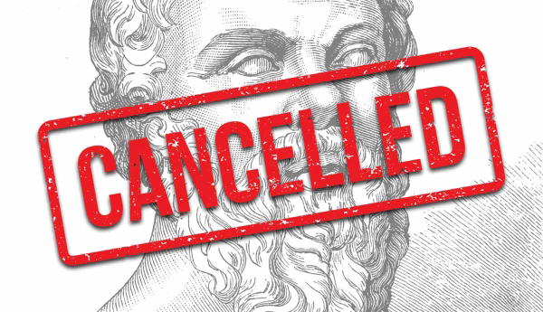 socrates bust with red "CANCELLED" stamp.