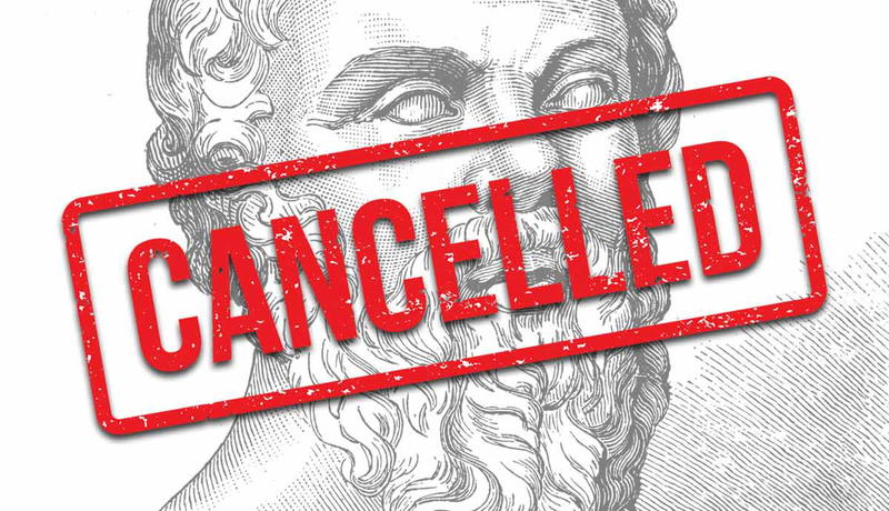 socrates bust with red "CANCELLED" stamp.