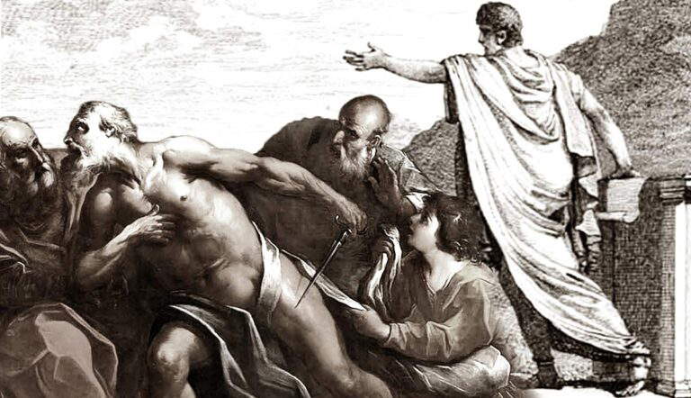 Classical engraving depicting a tragic Roman historical scene.