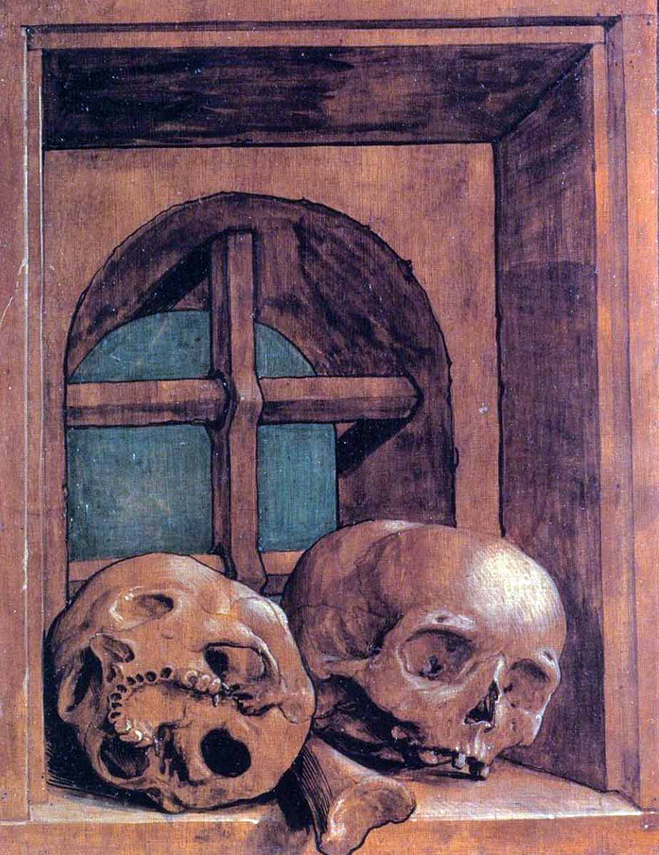 two skulls in window niche hans holbein painting