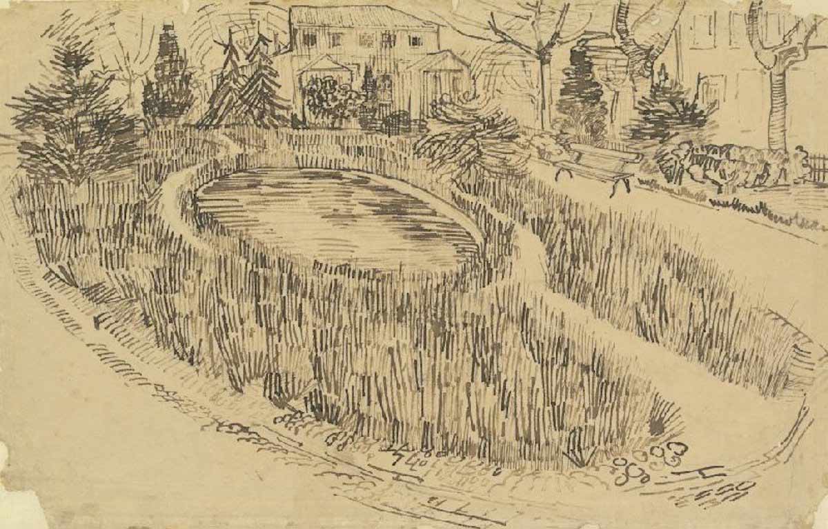 van gogh park and pond in front of yellow house