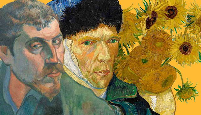 Van Gogh and Gauguin self-portraits with sunflowers.