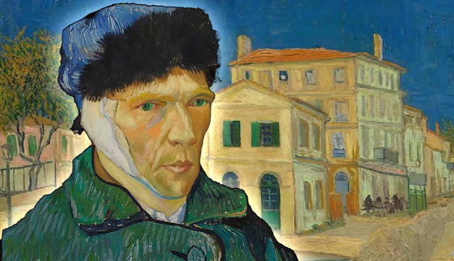Van Gogh self-portrait superimposed over his Yellow House painting.