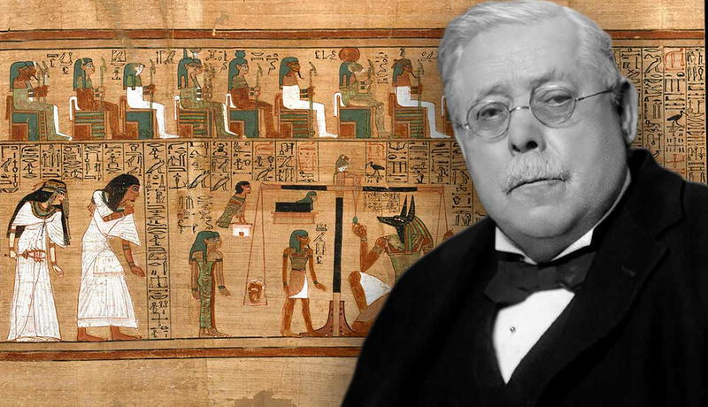 An elderly man superimposed over ancient Egyptian papyrus.
