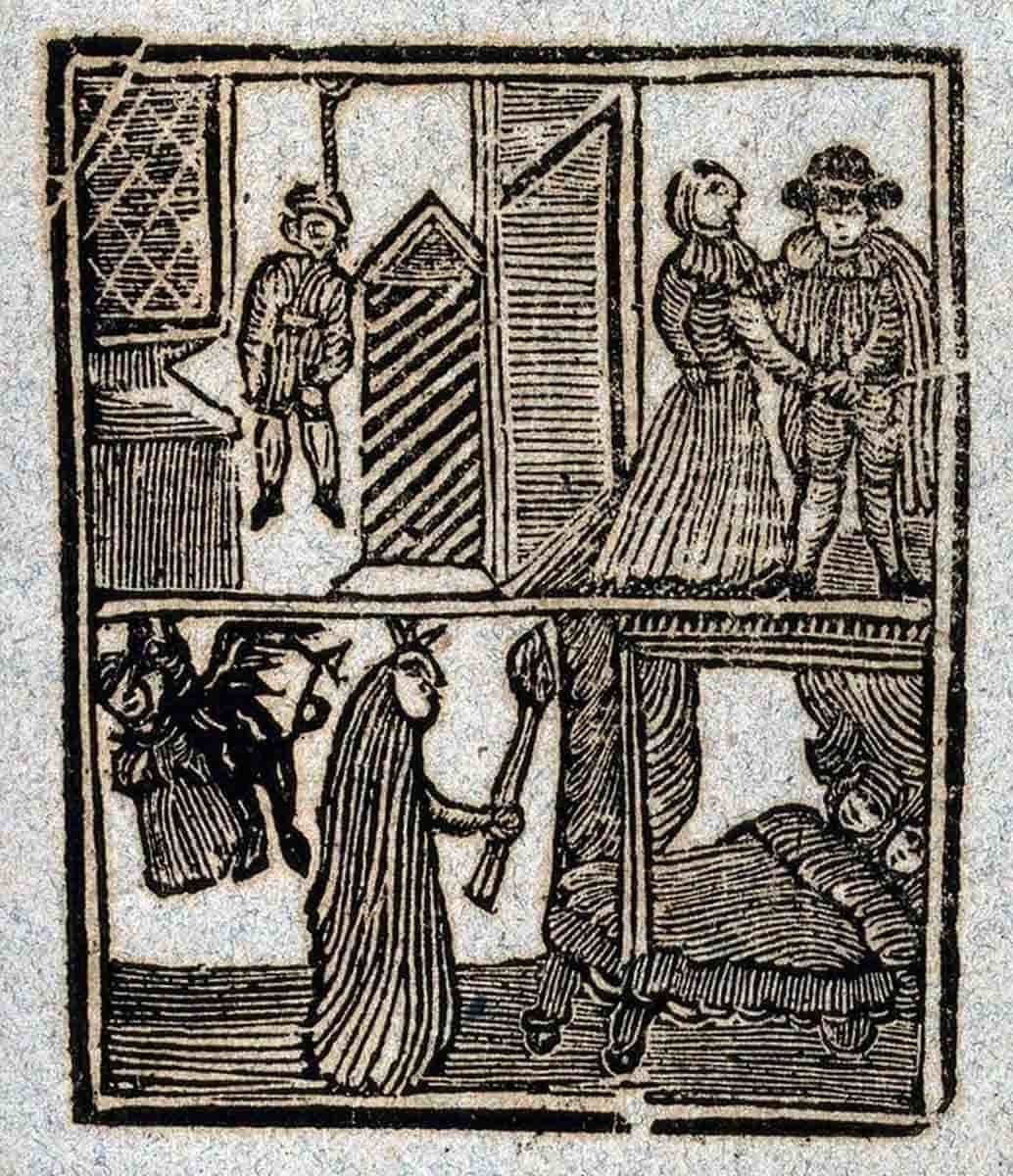 woodcut depicting a witch and a devil