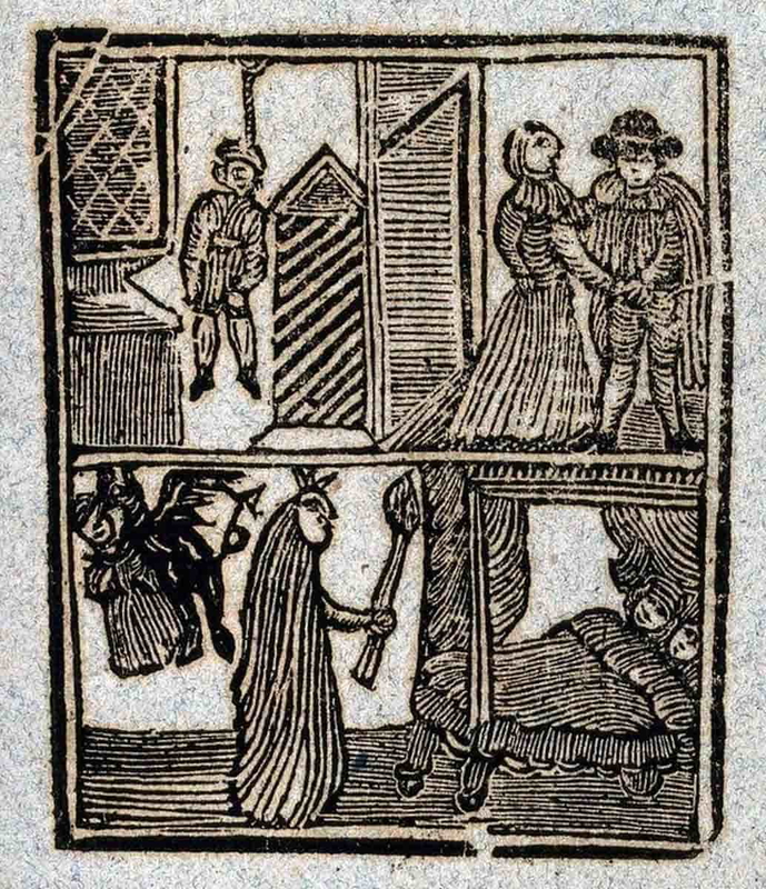 woodcut depicting a witch and a devil