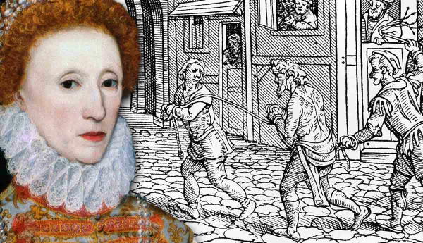 Queen Elizabeth I beside Tudor-era punishment woodcut.