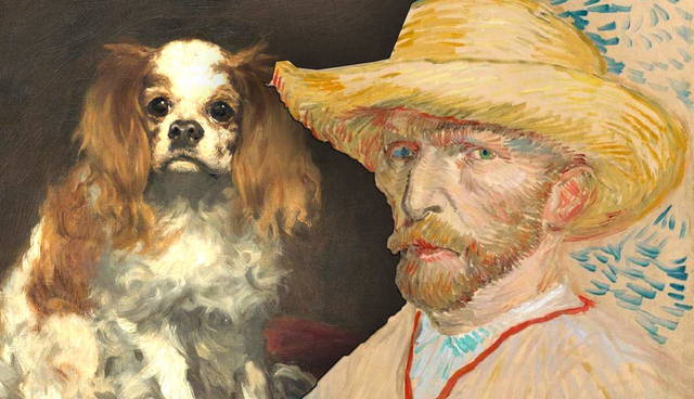 Vincent van Gogh self-portrait edited beside a dog.