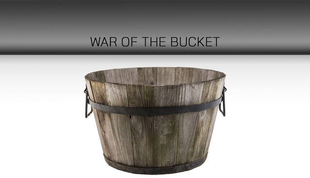 Wooden grape harvest bucket with metal hoops and handles.