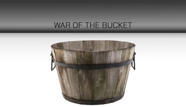Wooden grape harvest bucket with metal hoops and handles.