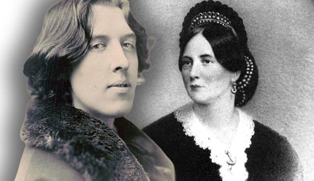 Oscar Wilde alongside a portrait of his mother, Jane.