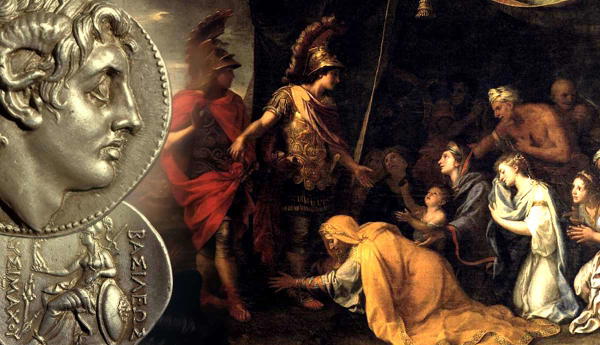 Alexander the Great coin overlaying a classical painting.