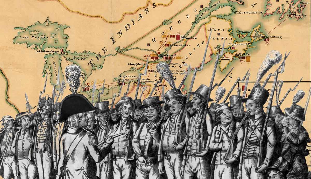 soldiers in front of a colonial map.