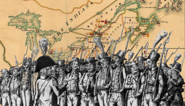 soldiers in front of a colonial map.