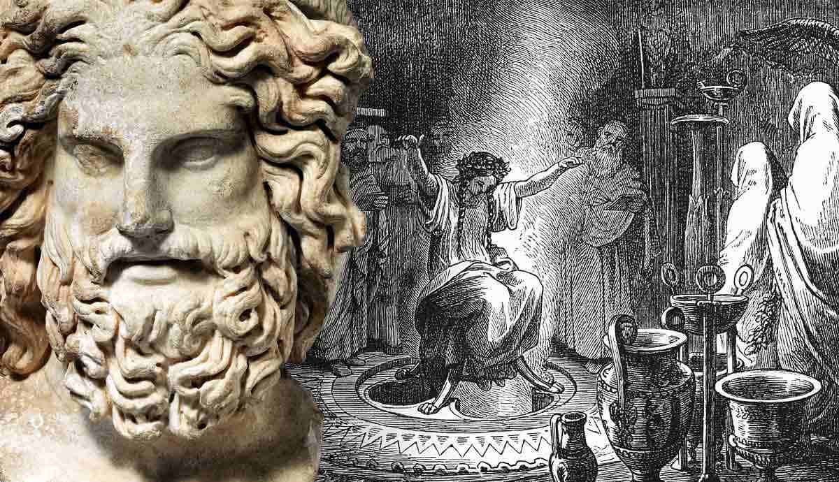 statue juxtaposed with Oracle of Delphi engraving