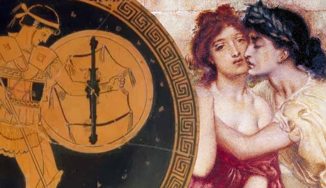 Ancient Greek pottery art beside a romantic classical painting.