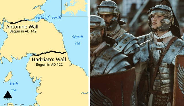Map of Roman walls and Roman soldiers standing.