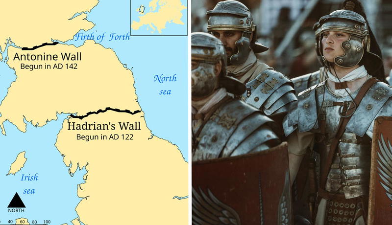 Map of Roman walls and Roman soldiers standing.