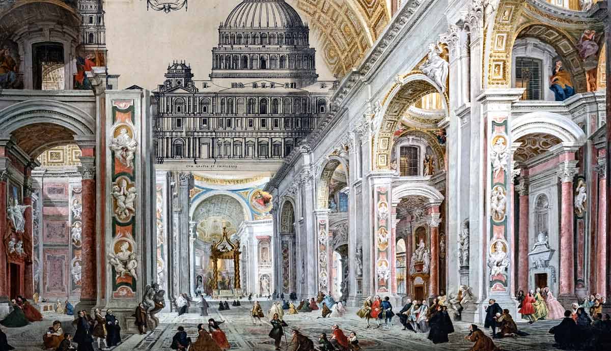 Painting of the interior of St. Peter's Basilica.