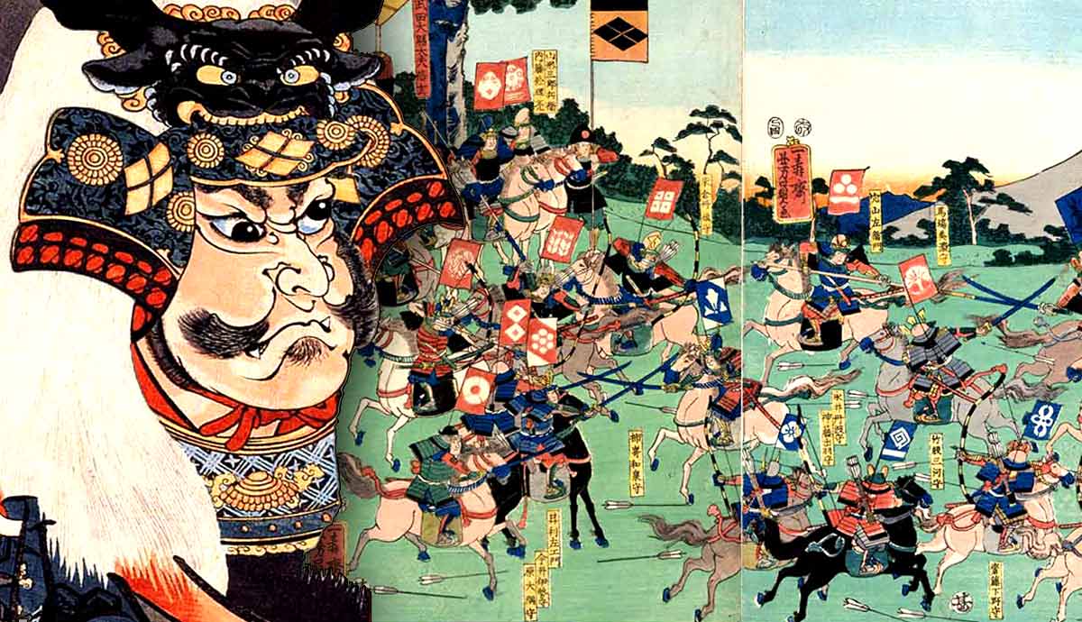 Samurai battle scene featuring large warrior face portrait.