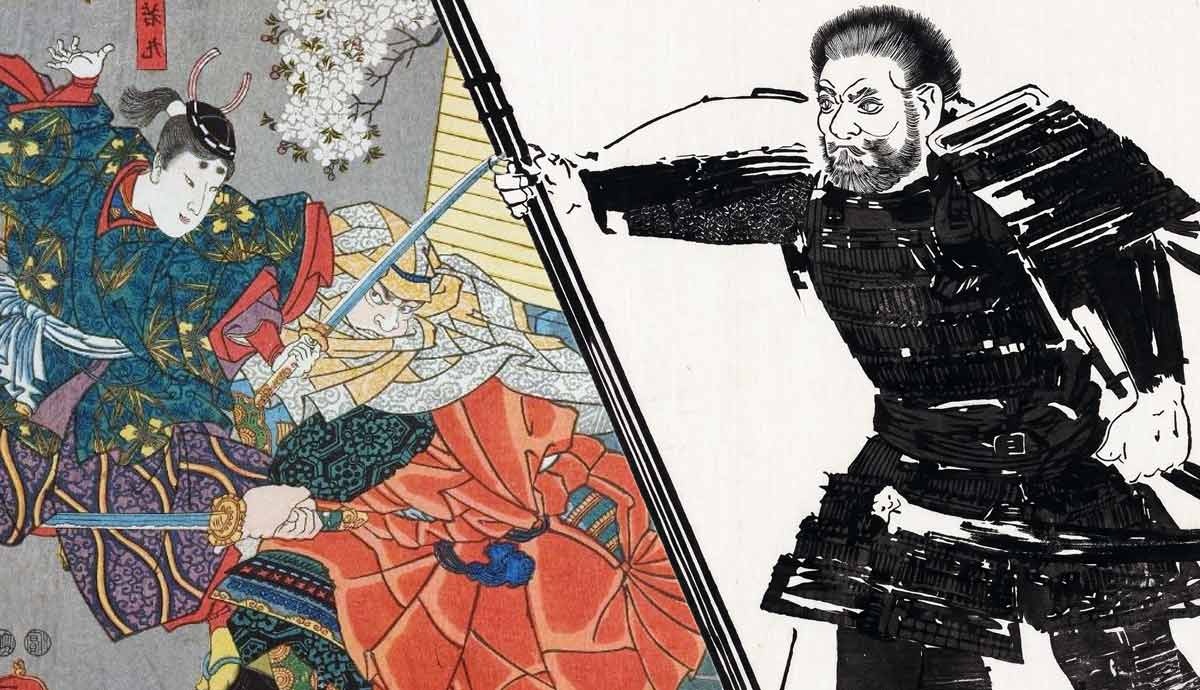 A bearded samurai clashing weapons with other warriors.