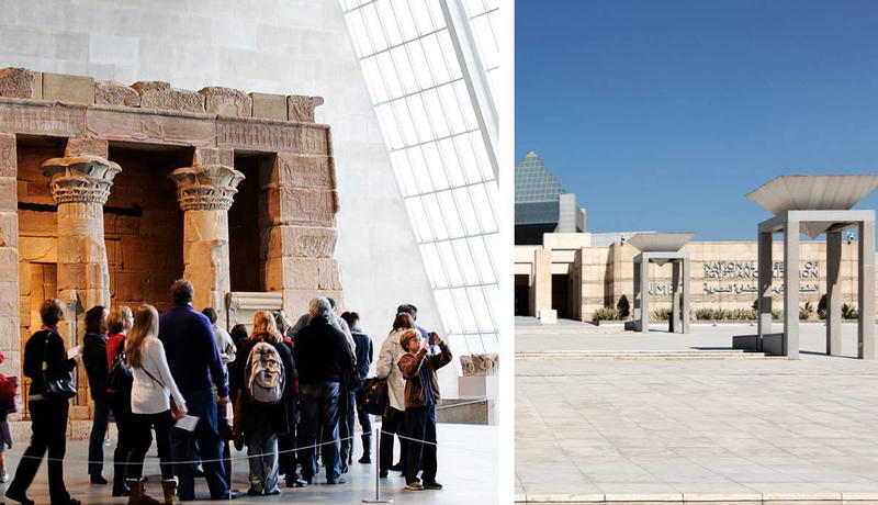 People viewing ancient temple structure next to plaza.