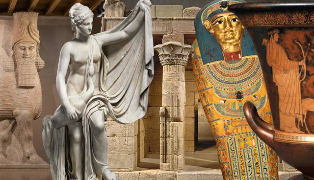 Ancient historical artifacts and classical sculptures collage.
