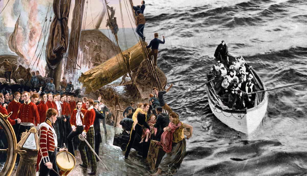 Historical collage of soldiers and a lifeboat at sea.