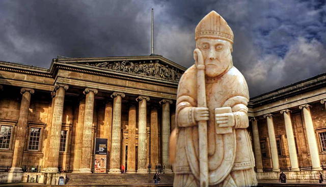 Lewis chessman bishop statue in front of British Museum