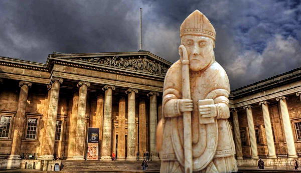 Lewis chessman bishop statue in front of British Museum
