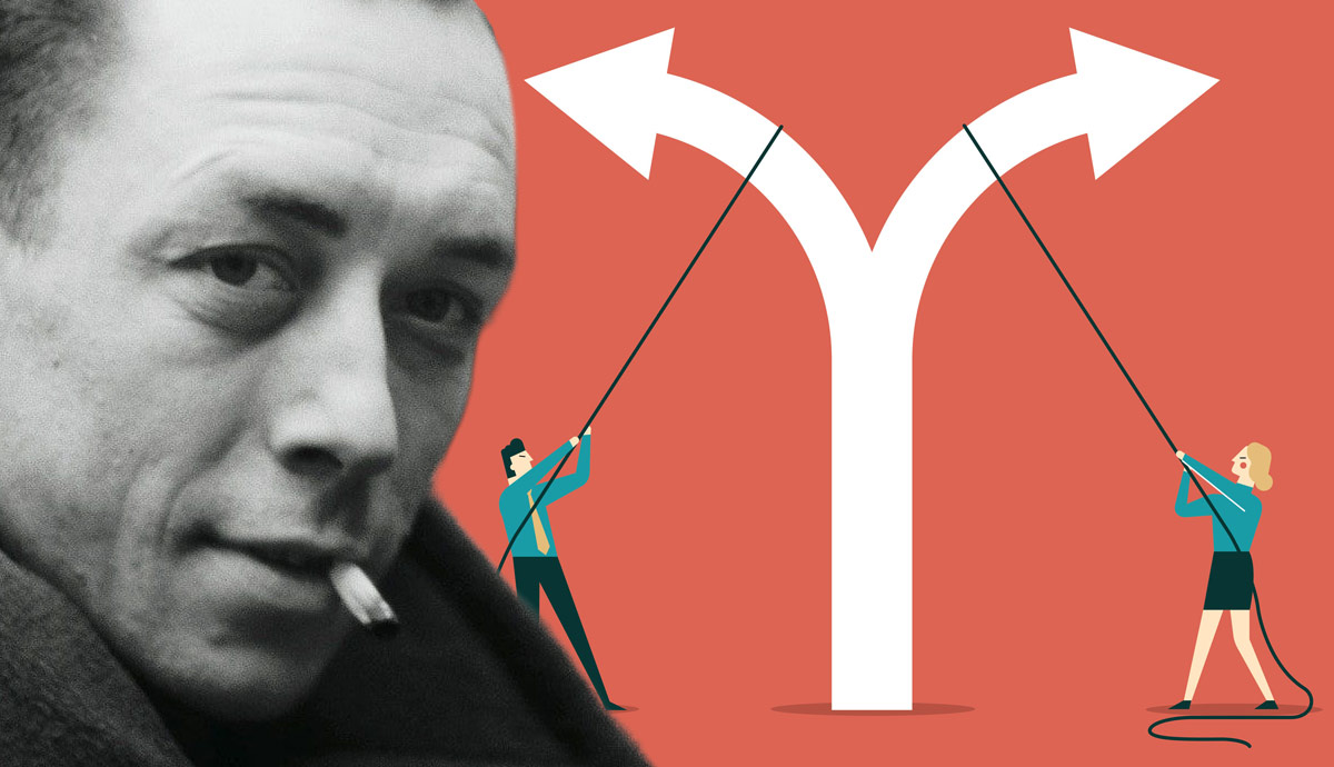 Albert Camus next to a split arrow path graphic