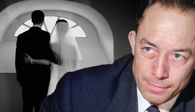 Albert Camus portrait with a silhouette wedding couple.