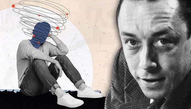 Albert Camus alongside collage of anxious sitting person.