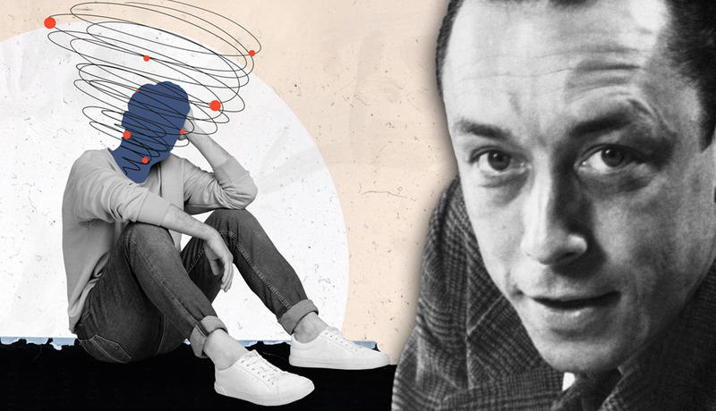 Albert Camus alongside collage of anxious sitting person.
