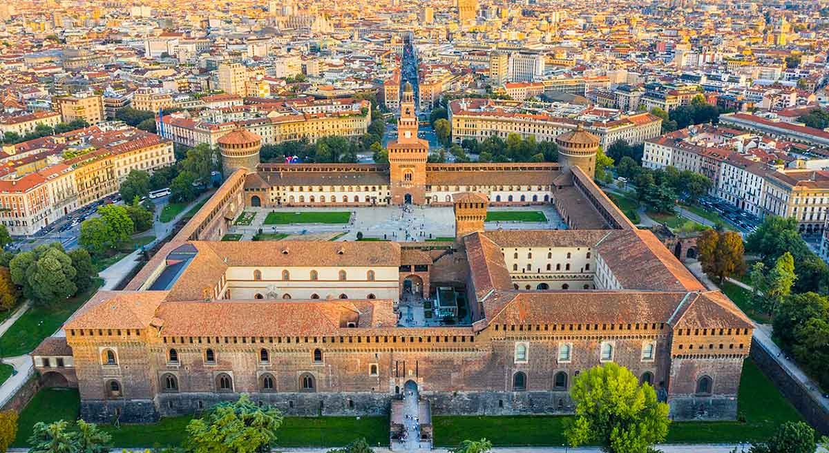 castello sforzesco italy drone view