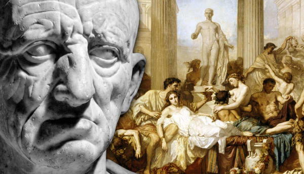 Roman marble bust overlaid on a classical painting