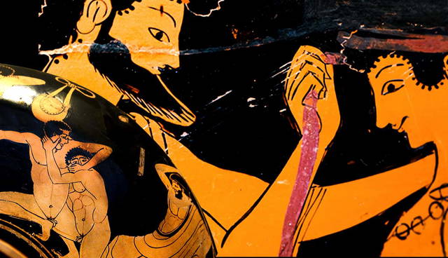 Ancient Greek vase painting depicting two figures.
