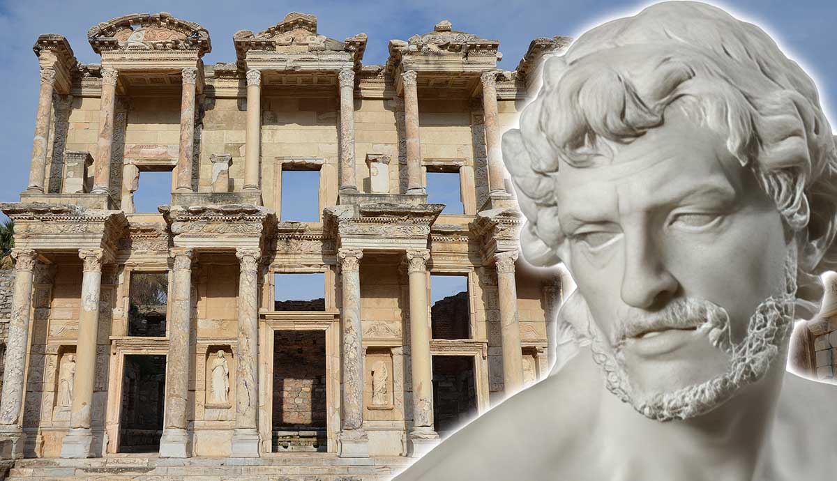 Ancient library ruins with a classical marble philosopher statue.