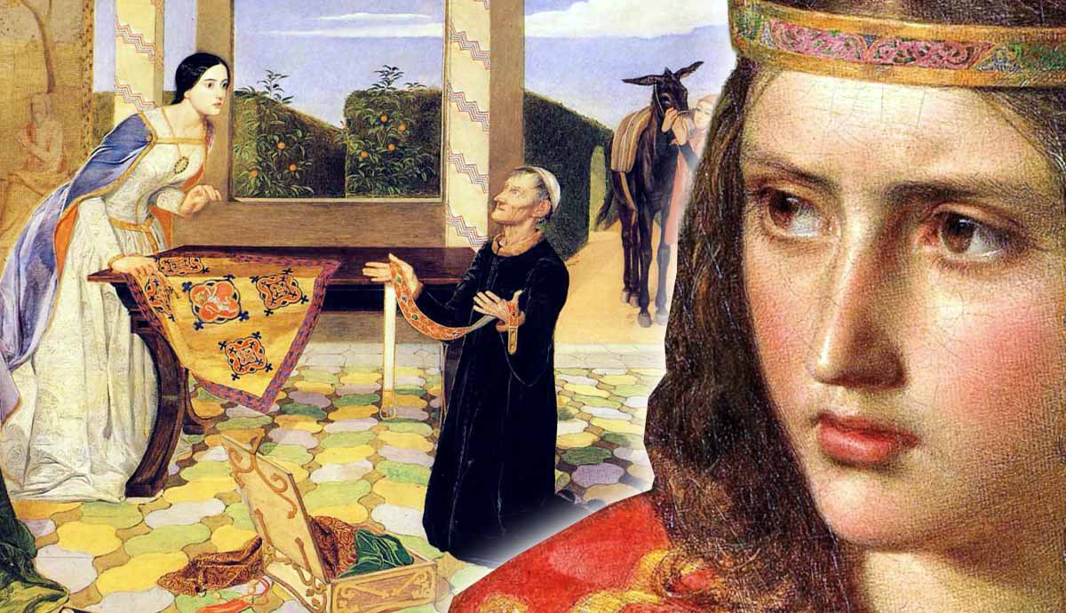 Composite Pre Raphaelite painting showing a scene and closeup face.