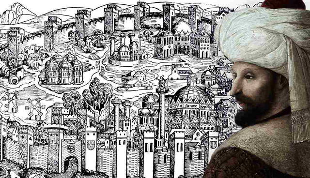 Mehmed II overlaying an old map of Constantinople