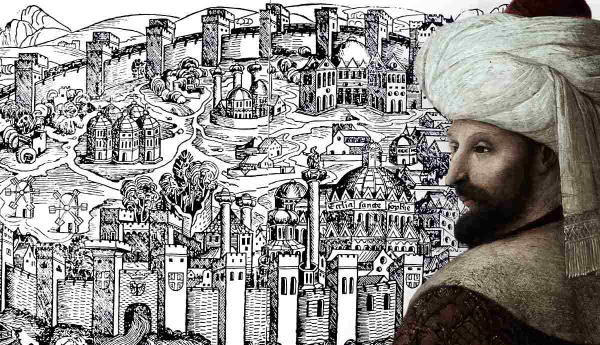 Mehmed II overlaying an old map of Constantinople