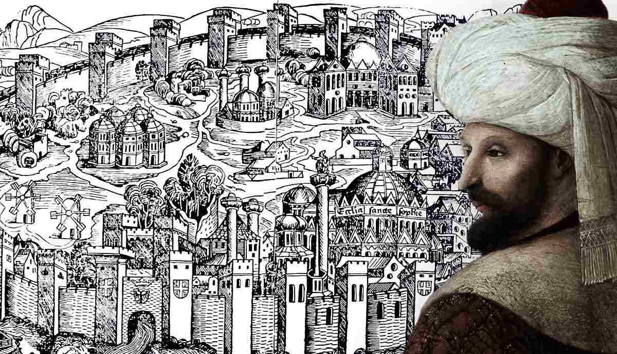 Mehmed II overlaying an old map of Constantinople