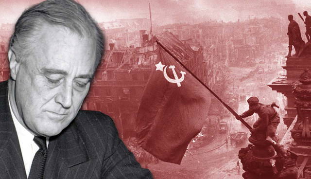 FDR overlaid on the Soviet flag raising over Berlin