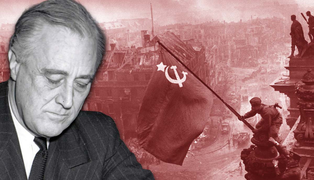 FDR overlaid on the Soviet flag raising over Berlin