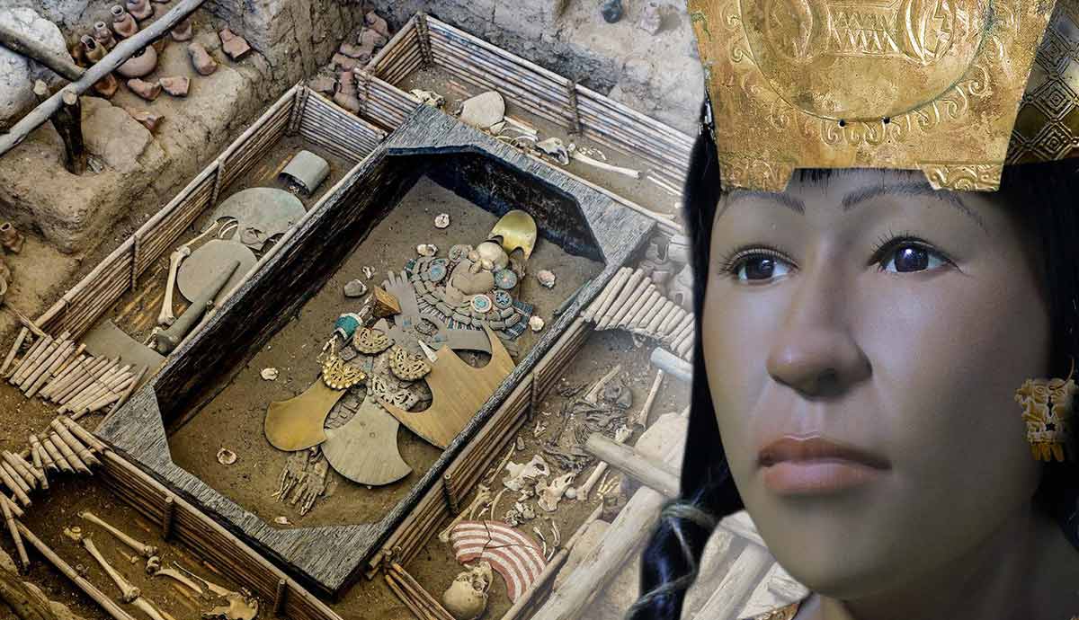 Archaeological tomb with a facial reconstruction of a woman.